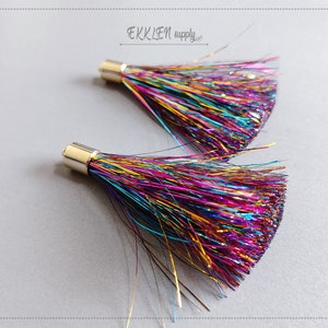 2pcs -  Rainbow, 60mm Tinsel Tassel, Brass End Cap, Suppy for Metallic Film Shiny Sparkly Earrings, Necklace pendant charm [ ET0034 ]