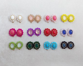 2 PCS - 12colors, 14x16mm Oval Crystal Beads Stud with loop, flower glass post earrings [ EH0096 ]