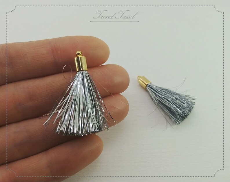Necklace Brass End Cap 1.3 Silver Tinsel Tassel 2pcs ET0018 Suppy for Metallic Film Shiny Sparkly Earrings