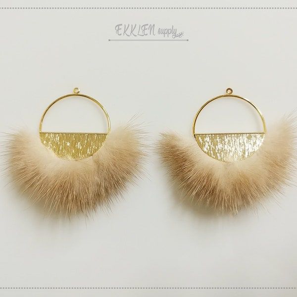 2 pcs - Beige, Half moon mink fur pendant, Natural Genuine Mink Pom pom Tassel supply for earrings, necklace Charm [ ECT0039-BE ]