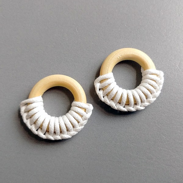 2 pcs - White, 33 mm, Wood & Lope Circle Pendant, Natural Charm, Supply for earings [ ECT0075-33 ]