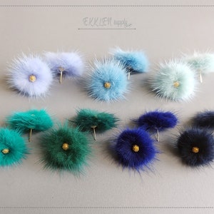 2 PCS - (brass stud)  Sky Green Navy Purple 30mm Mink fur Flower ball with post, real genuine pompom supply, mink earring [ ECT0009F ]