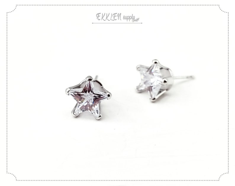 8mm matte silver plated EH0005-MS Star shape Cubic Ear Stud 2 PCS Brilliant-cut Cubic Zirconia Earring making post supply