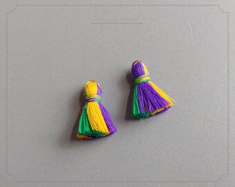 2 PCS - 0.8" Mardi Gras Mini Lovely Cotton Tassel, Mustard Purple Green, Without jump ring, Hand Crafted Charm Supplies [ ET0001 ]