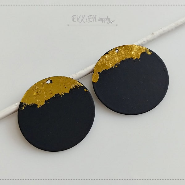 2 PCS - Disque noir de 25mm avec peinture d’or, caoutchouc mat enduit, approvisionnement rond de charme pour boucle d’oreille, faisant la conclusion de bijoux, ER0008G