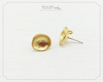 2 PCS - 12 mm matte gold plated Brass, textured round bowl Earring Post, Stud supply, making jewelry [ EM0083E - MG ]