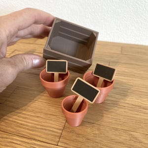 Op de afbeelding: Een bruine miniatuurkrat vergezeld door drie kleine terracotta-kleurige plantenpotten, elk voorzien van een rechthoekig zwart krijtbordje op een lichtgekleurde stok voor etikettering, gerangschikt als een set tuinaccessoires.