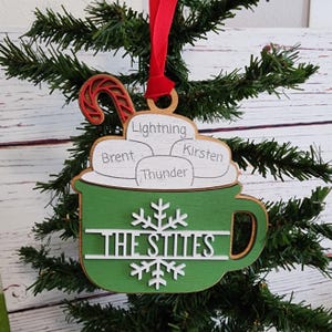 Kakao Familie Ornament | Benutzerdefinierte Weihnachtsschmuck | Urlaub Dekor | Handgemachte Holzverzierung | Laser cut Verzierung | Familie Ornament