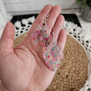 Bright Floral Acrylic Earring | Scalloped Rectangle Earring | Pretty Flowers | Fun Lightweight Statement Earring | Colorful Summer Jewelry