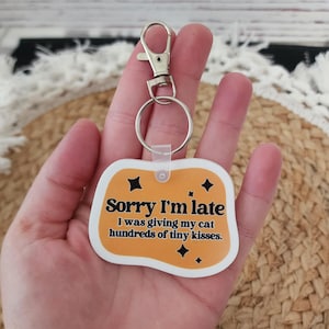 Funny Cat Keychain, Retro Acrylic Keychain, Cat Lover Gift, Sorry I&#39;m Late Keychain