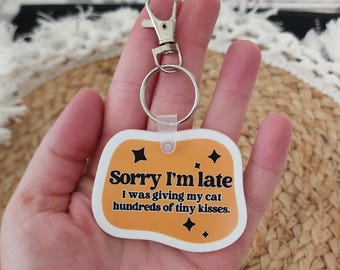 Portachiavi a forma di gatto divertente, portachiavi retrò in acrilico, regalo per amanti dei gatti, portachiavi con scritto &quot;Scusa il ritardo&quot;