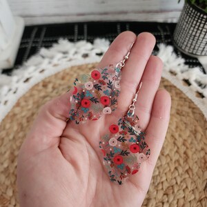 Pink Floral Scalloped Rectangle Earrings | Flower Earrings | Fun Floral Jewelry| Lightweight Statement Earrings | Botanical Jewelry for Her