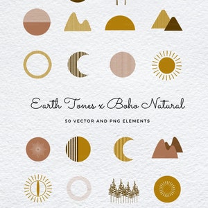 50 Vector Earth Tone Boho Natural Abstract Clip Art Set, Bohemian, Neutral Graphics