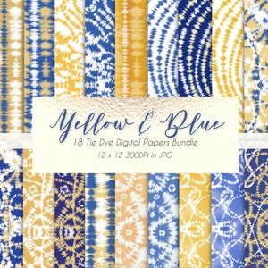 18 Yellow and Blue Tie Dye Digital Papers Set | Scandi Design | Simple and Colorful | Card Design | Commercial Use