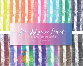 14 Colorful Rainbow Tie Dye x Lines Digital Papers Set  | Tie Dye Digital Paper | Card Design | Commercial Use