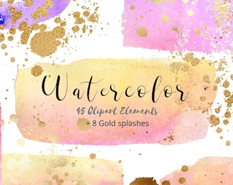 45 Colorful Watercolor Abstract Brush Strokes Clip Art Set | Transparent PNG | Marketing Material | Wedding | Birthday | Commercial Use