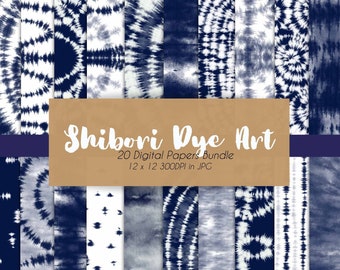 20 Blue Shibori Japanese Dye Art Digital Papers Set  | Japanese | Blue | Card Design | Commercial Use