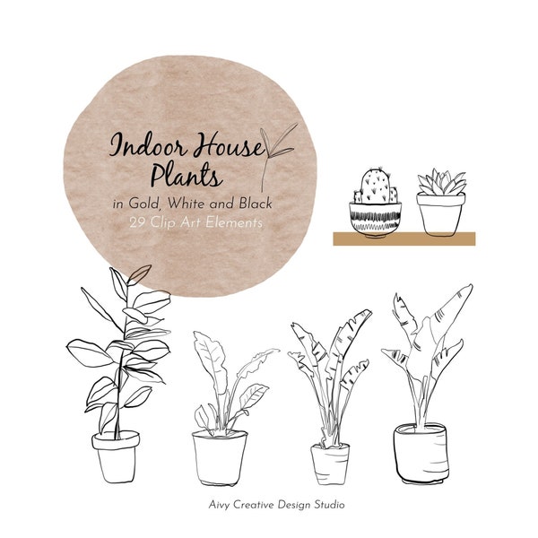 Hand Drawn Botanical Indoor House Plants Abstract Clip Art Set | Transparent PNG Files | Line Art | Commercial Use