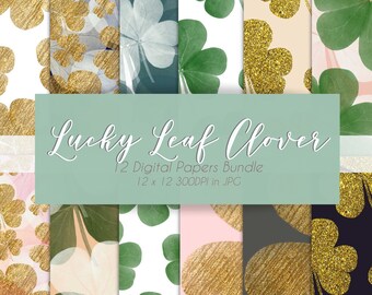 Lucky Leaf Clover Digital Papers | Green and Gold | Foliage Clipart