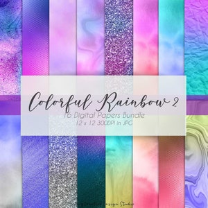 16 Colorful Rainbow II Digital Papers Pack  | Foil and Glitter | Card Design | Commercial Use