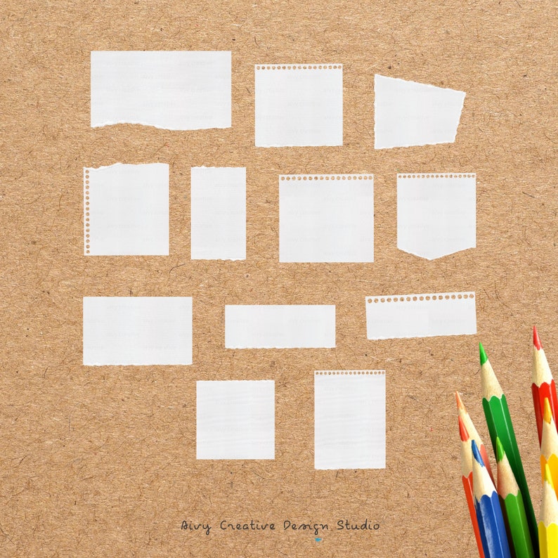 May include: A brown paper background with 11 white paper scraps of various sizes and shapes. The paper scraps have a rough, torn edge. The paper scraps are arranged in a grid pattern. There are also several colored pencils in the bottom right corner of the image.