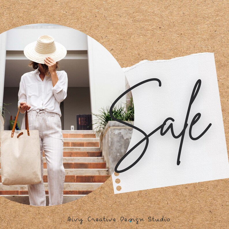 May include: A woman wearing a white shirt and white pants with a wide-brimmed straw hat is standing on a set of stairs. The word "Sale" is written in black cursive on a white background.