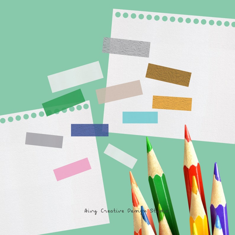 May include: A white sheet of paper with a dotted border and several colorful sticky notes attached. The paper has the text "Airy Creative Design Studio" written on it. There are also several colored pencils on a green background.