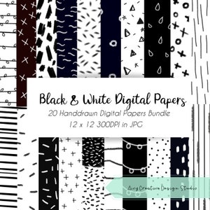 Handdrawn Minimalist Black & White Digital Papers Pack | Social Media | Craft | Commercial Use