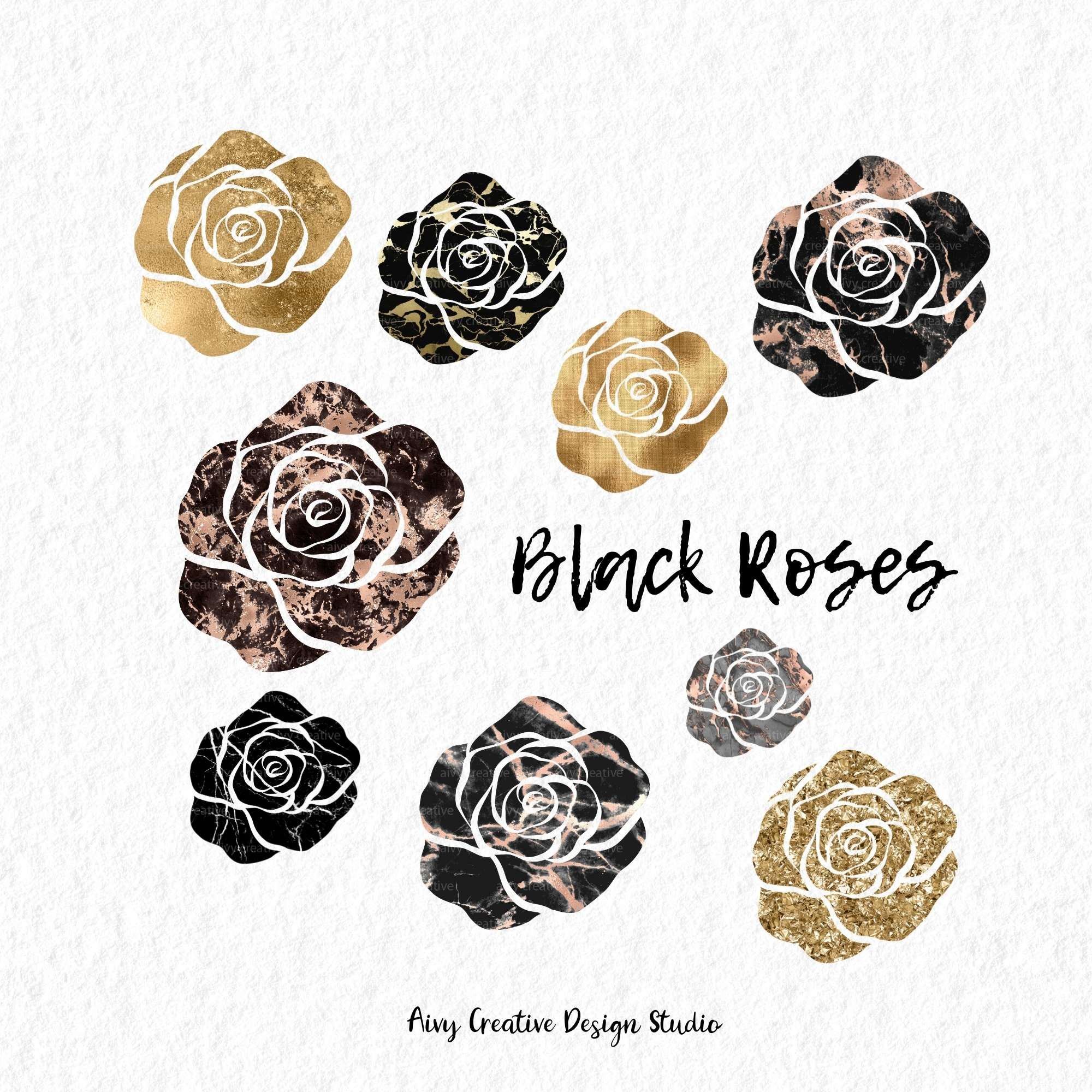 Black Roses and Rose Gold Clip Art Set Gold and Black Flower Clipart