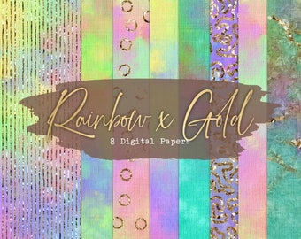 8 Colorful Rainbow Tie Dye x Gold Digital Papers Set  | Colorful Gradient | Card Design | Commercial Use