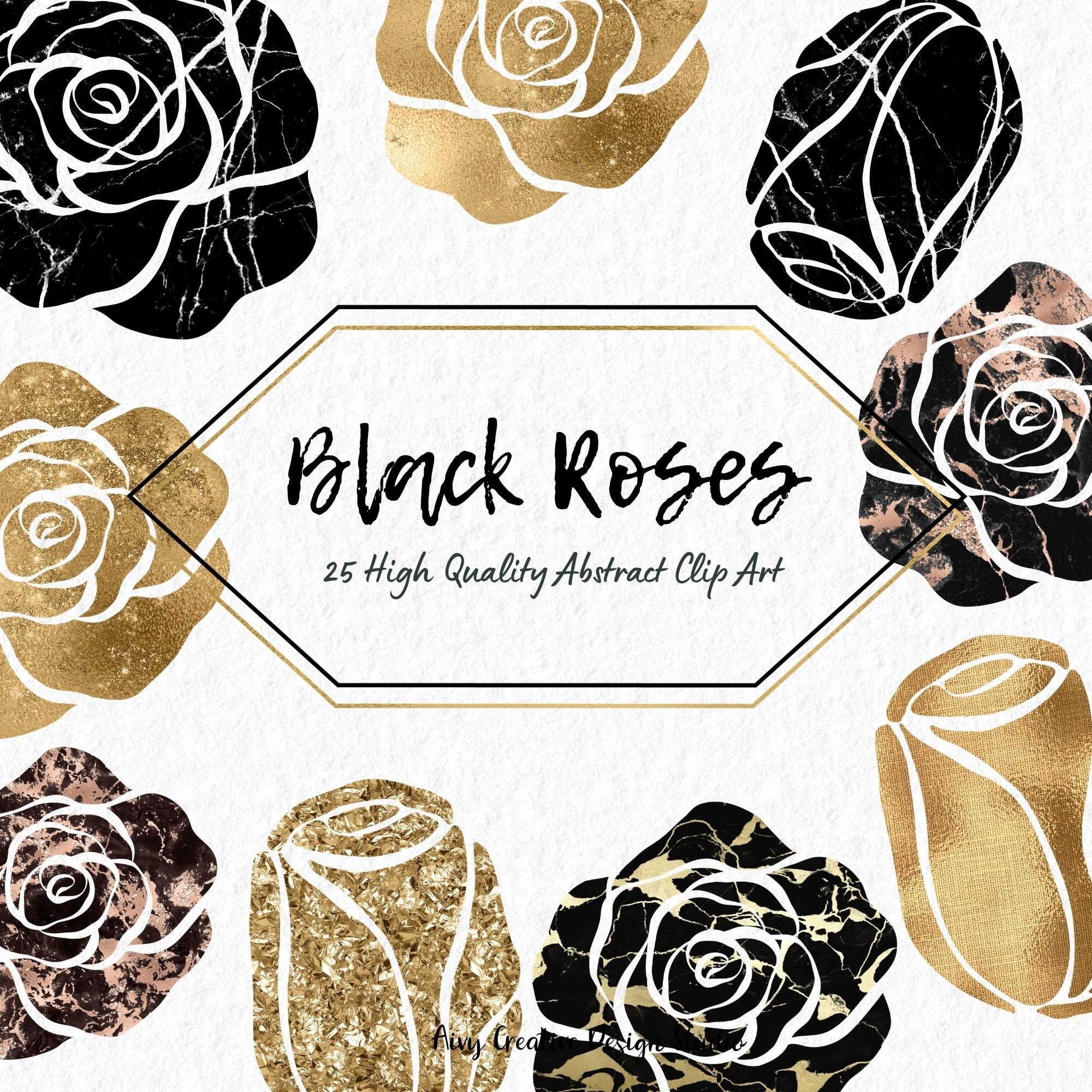 Black Roses and Rose Gold Clip Art Set Gold and Black Flower Clipart