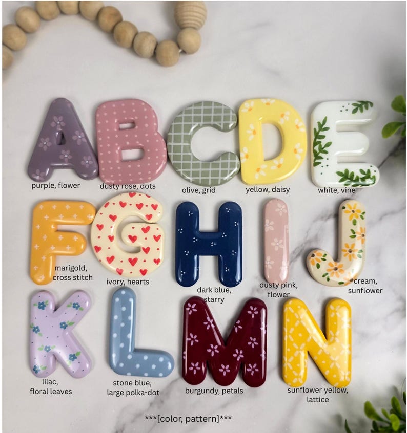 May include: A collection of fourteen individual alphabet letters A through N, each featuring unique colours and patterns including floral, polka dot, grid, heart, and lattice designs. Each letter is labelled with its specific colour and pattern name.