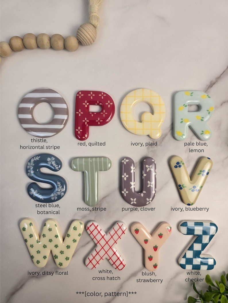 May include: A collection of twelve decorative letters from O to Z, each featuring unique patterns and colours including striped, quilted, plaid, lemon, botanical, clover, blueberry, ditsy floral, cross hatch, strawberry, and checker designs.
