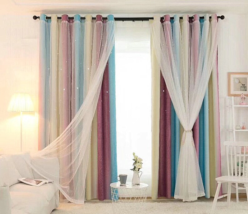 Mix Match Tulle And Star Rainbow Cut Out Blackout Curtains For Bedroom Set Of 1pcs Curtain W39 X L106inch