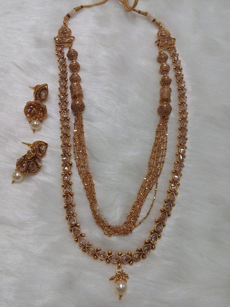 Indian Jewelry Long Necklace Set Bollywood Long Mala Set Earring Ethnic Gold Plated Traditional Long Jewelry Set