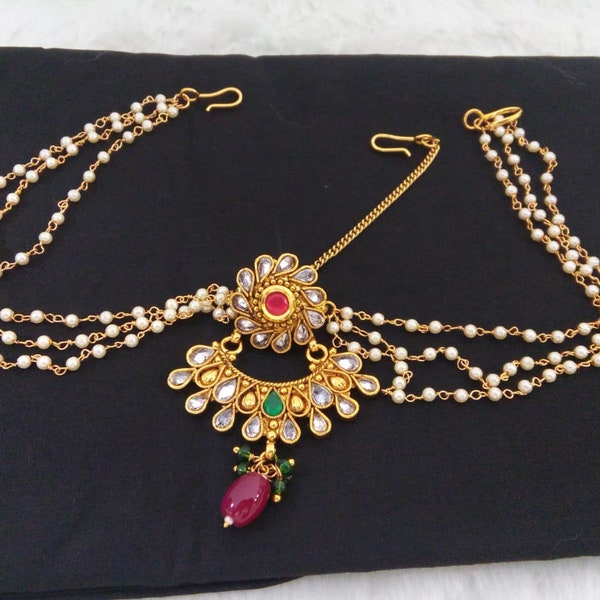 Joyería de moda india Bollywood Tikka Damini joyería de cabeza étnica chapada en oro tradicional conjunto de joyería para el cabello