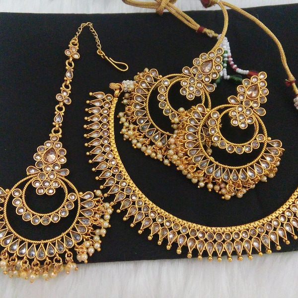 Ensemble de bijoux indiens collier Bollywood boucle d'oreille Tikka ensemble ethnique plaqué or indien bijoux de mariage fête porter ensemble de collier