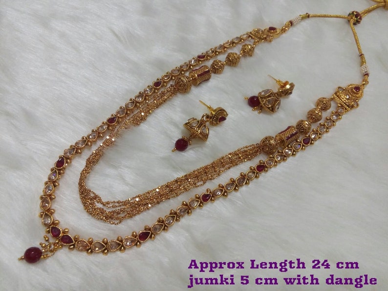 Indian Jewelry Long Necklace Set Bollywood Long Mala Set Earring Ethnic Gold Plated Traditional Long Jewelry Set