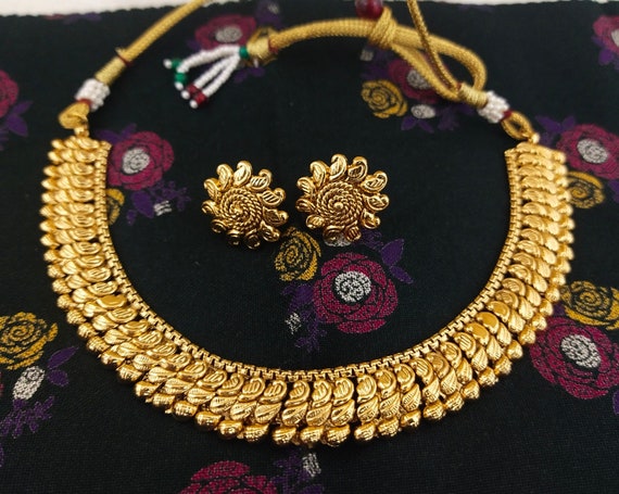 Indian Jewelry Necklace Set Bollywood Ethnic Copper Necklace Earring Set Ethnic Gold Plated Traditional Necklace Set Party Wear Jewelry