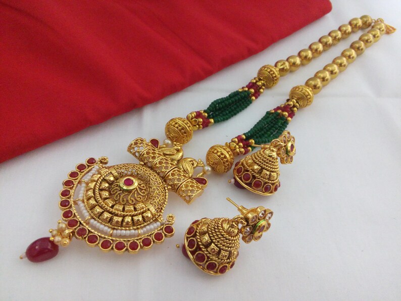 Indian Fashion Jewelry Mala Pendant Necklace Set bollywood ethnic Gold plated Set
