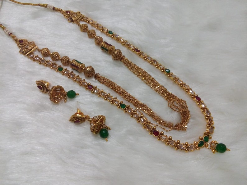 Indian Jewelry Long Necklace Set Bollywood Long Mala Set Earring Ethnic Gold Plated Traditional Long Jewelry Set