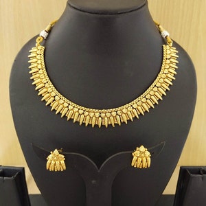 South Indian Jewelry Golden Necklace Set Bollywood Ethnic Copper Necklace Set Ethnic Gold Plated Traditional Necklace Set Party Wear Jewelry
