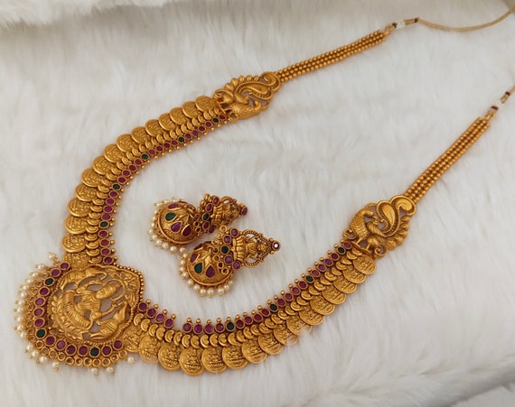 South Indian Temple Long Necklace set Ethnic Gold Plated Long Necklace Set  Earring Indian Jewelry Wedding Party Wear Temple Jewelry