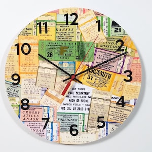 Rock and Roll 10&quot; Wall Clock: Vintage 1970s Concert Ticket Montage. Ready to hang, no assembly required.