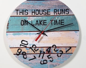 Funny Lake Wall Clock: This House Runs On Lake Time (10" Diameter). No assembly required, ready to hang.