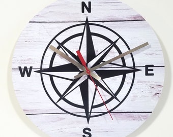 Nautical Compass 10" Wall Clock with weathered beach wood background