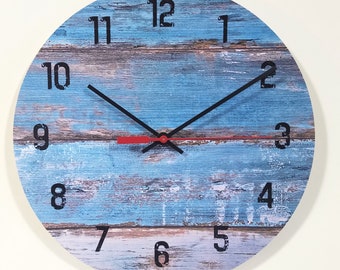 Blue Weathered Beach 10" Wall Clock: Nautical Wood Beach Theme