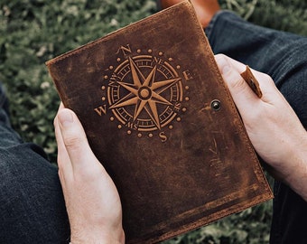 Refillable Travel Journal, Premium Leather Cover and A5 Notebook, Travel Accessories for Men & Women, Adventure Scrapbook Gift (Compass)