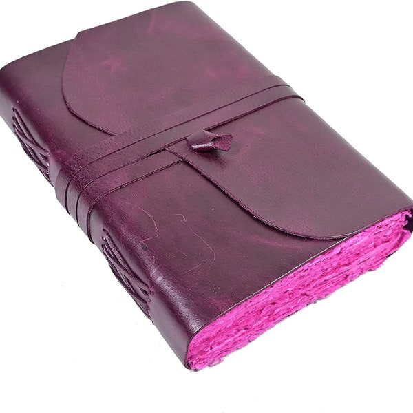 PURPLE LEATHER JOURNAL Handmade Vintage Pink Deckle Edge Unlined Paper, Book of Shadows, Grimoire, Fantasy Junk Scrapbook, antique spellbook