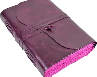PURPLE LEATHER JOURNAL Handmade Vintage Pink Deckle Edge Unlined Paper, Book of Shadows, Grimoire, Fantasy Junk Scrapbook, antique spellbook